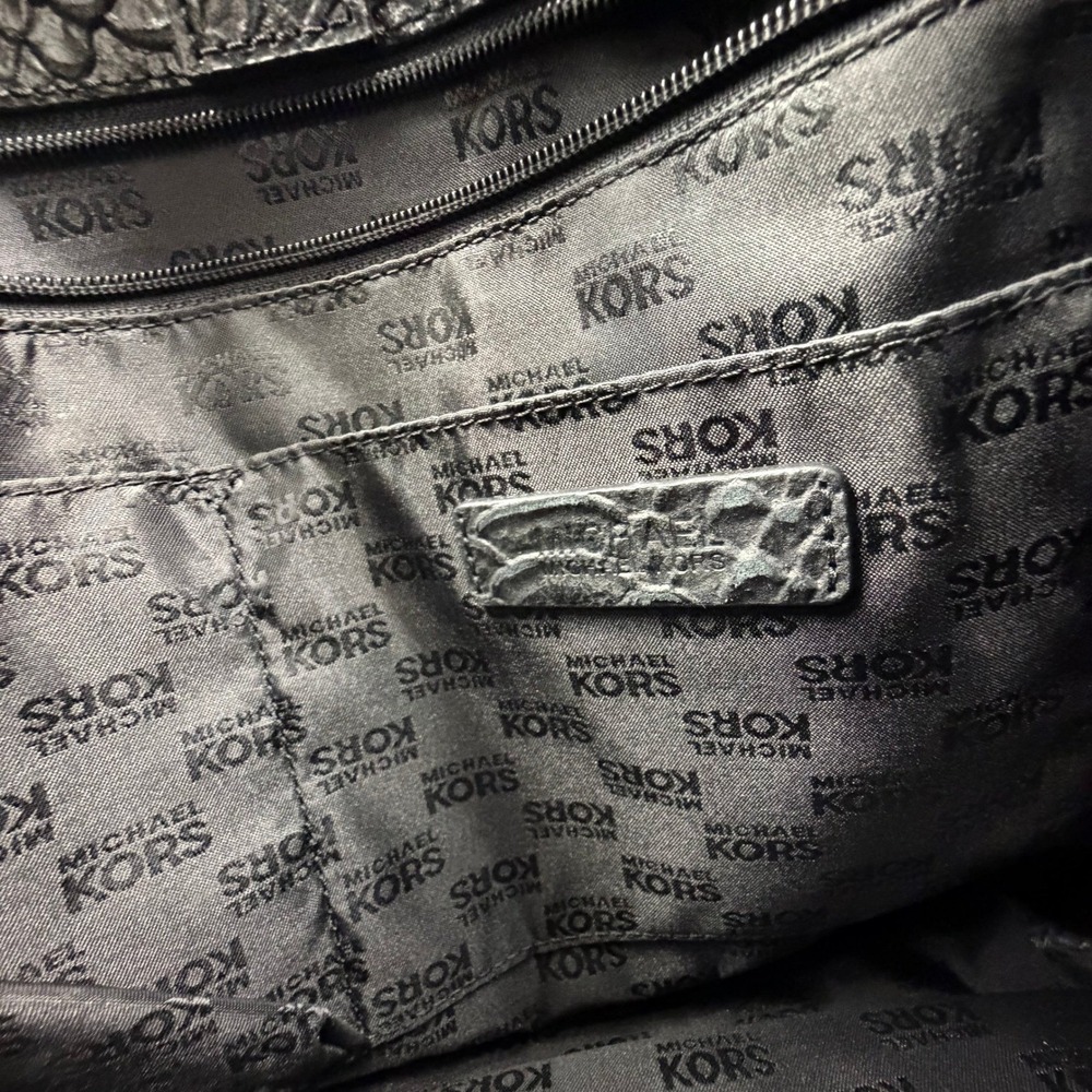 Michael Kors Hamilton Black Snakeskin Embossed Leather Satchel Handbag Silver HW - Picture 7 of 11